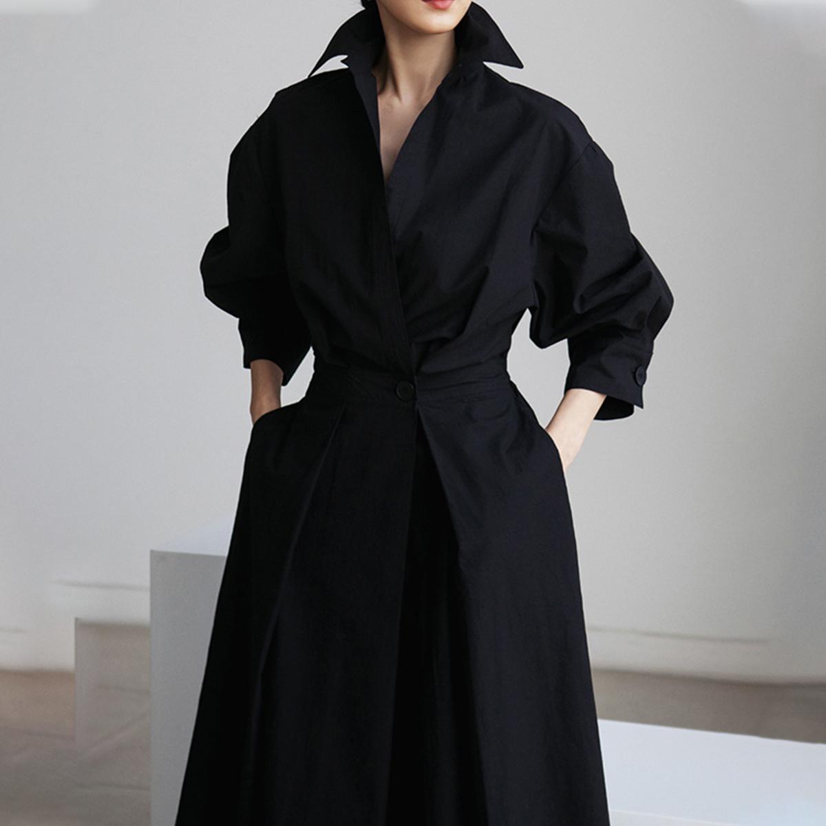 UOOZEE women's long-sleeved loose solid color lapel midi dress, waist design, comfortable and elegant, a must-have for commuting and formal occasions Midi Cloth, with pockets Modest Clothes SpringStatements