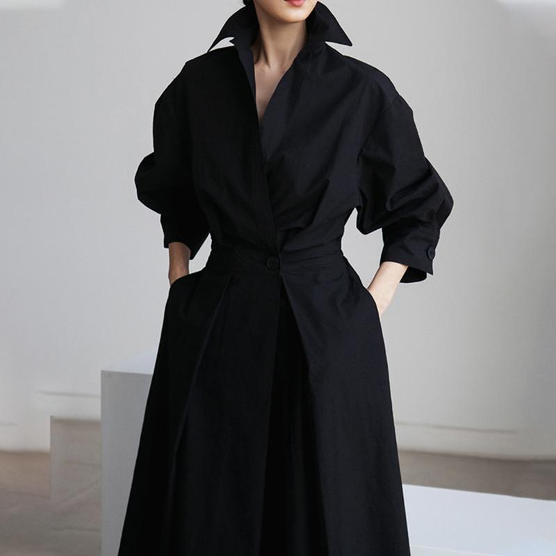 UOOZEE women's long-sleeved loose solid color lapel midi dress, waist design, comfortable and elegant, a must-have for commuting and formal occasions Midi Cloth, with pockets Modest Clothes