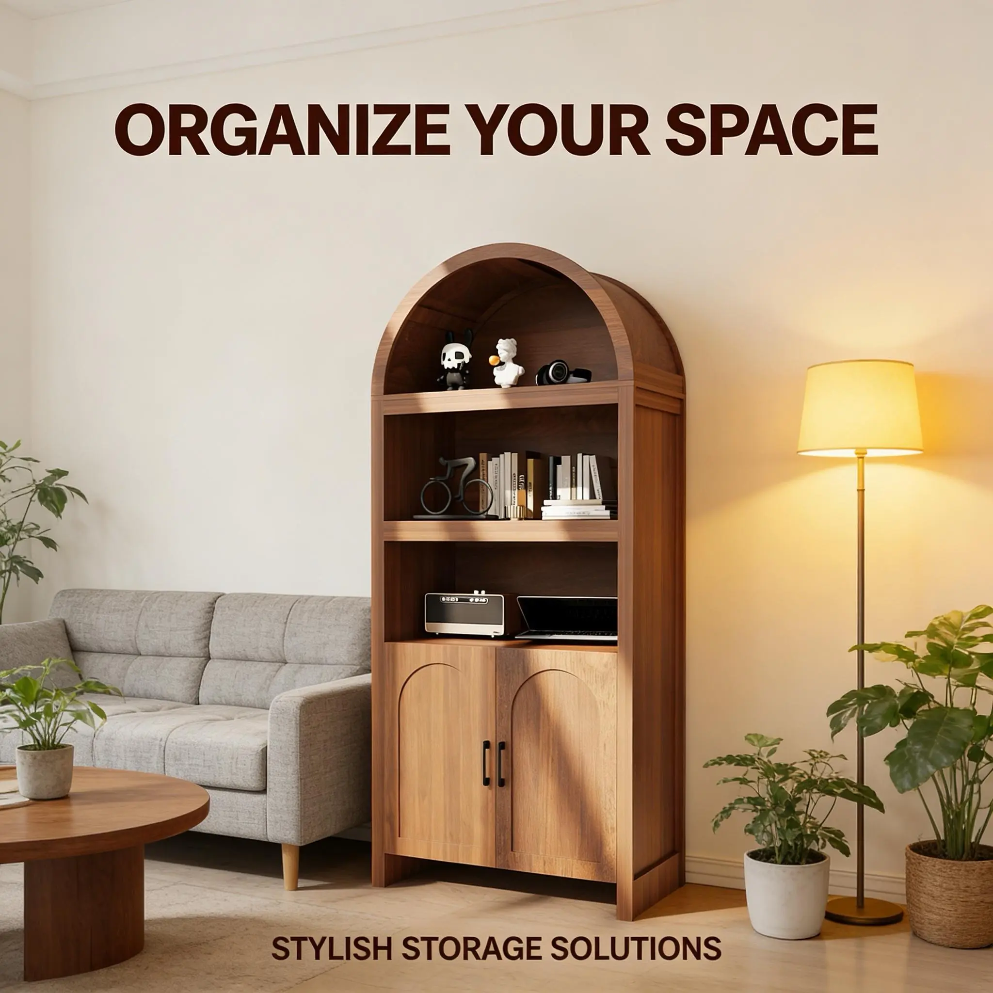 LH-High-Grade Storage Cabinet with Sturdy Construction Easy to Assemble for Home Storage and DecorationModern Classic 71" Arched Storage Cabinet with Mid Century Doors, 5 Tier Arched Bookcase