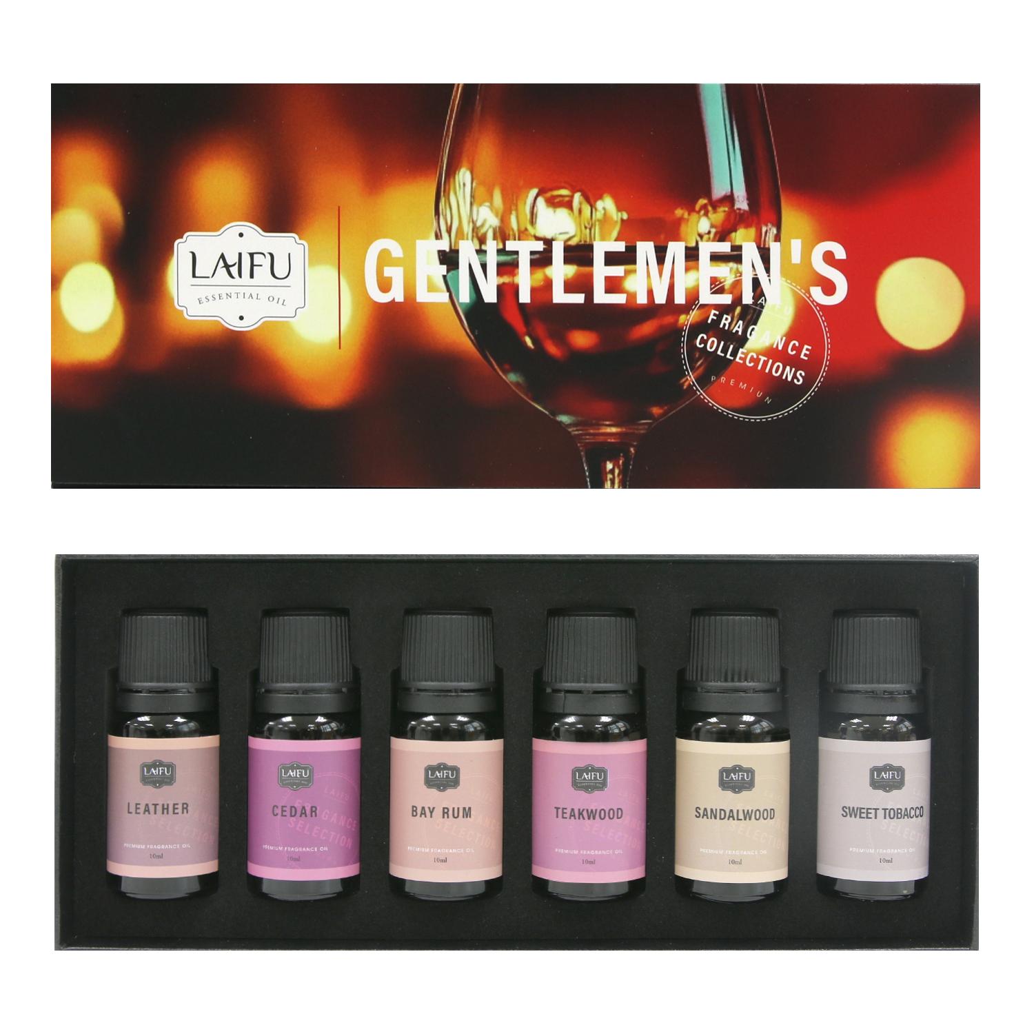 6x10ml Essential Oils for Diffusers & Candles - Cedar, Sandalwood, Bay Rum, Teak, Leather Scents