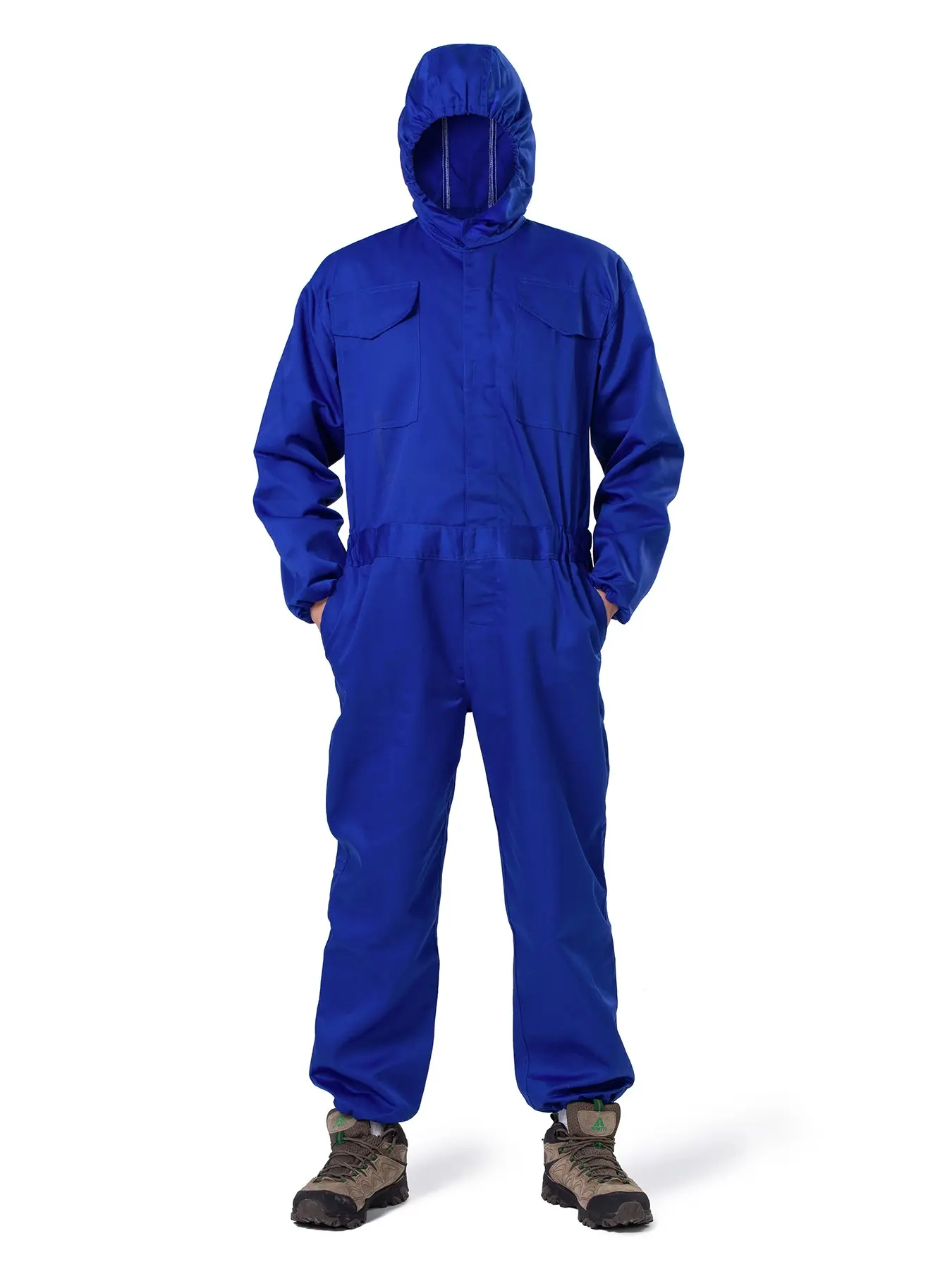 Solid Color Hooded Overall Set, Four-Season Multi-Pocket Elastic Waist, Durable Breathable Workwear for Factory Mechanics and Sailors, Construction Workwear