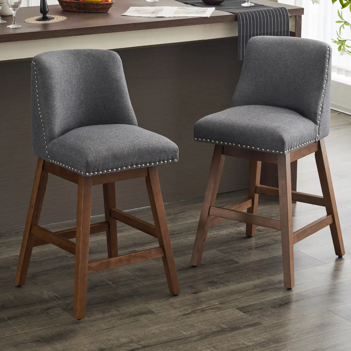 26" Counter Height Armless Upholstered Swivel Bar Stools Set of 2 - Modern Wood & Linen Fabric Chairs with Ergonomic Curved Back, Adjustable Footpad for Kitchen Island, Home Bar, Dark Grey