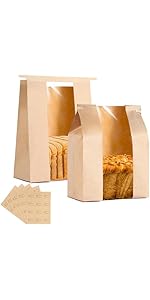 100 Pack Large Paper Bread Bags for Homemade Bread with Tin Tie Tab Lock,14" x 8.3" x 3.5" Sourdough Kraft Loaf Bag with Clear Front Window,Label Seal Sticker Included