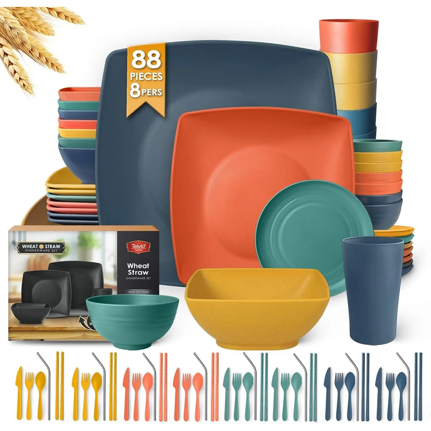 88-Piece Kitchen Plastic Wheat Straw Square Dinnerware Sets for 8, Dinner/Salad/Tidbit Plates, Fruit/Snack Bowls, Cups, Flatware, Dishwasher Safe, Unbreakable Outdoor RV Dishes, Fall Multicolor