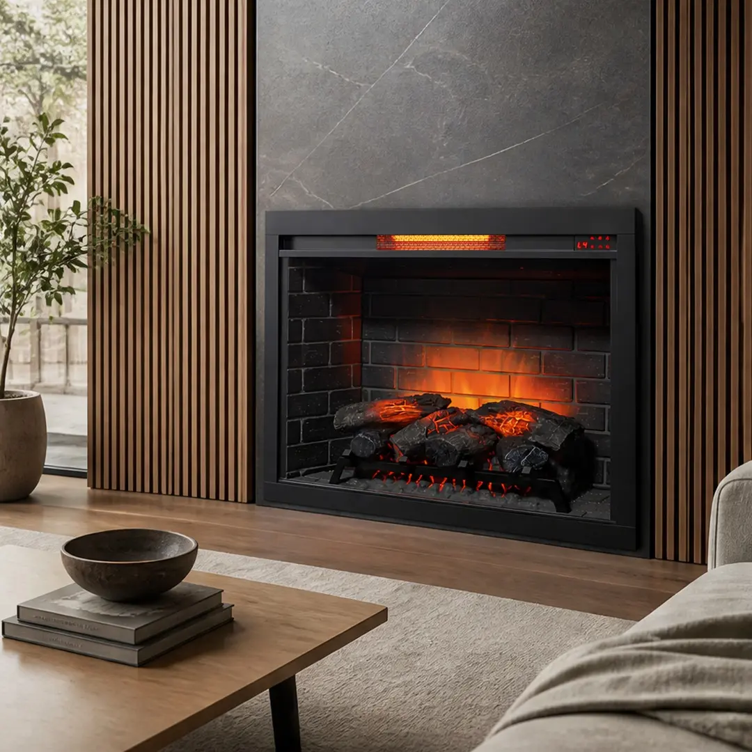 ARCH 33 Inch Infrared Electric Fireplace Insert with Remote, Antique Black Tempered Glass & Sheet Metal, 1500W Heater for 400 Sq Ft, 5 Flame Brightness Levels, 3 Flame Speeds, 1-9H Timer, 64-82°F Thermostat, Vent Free, Powder Coated Finish