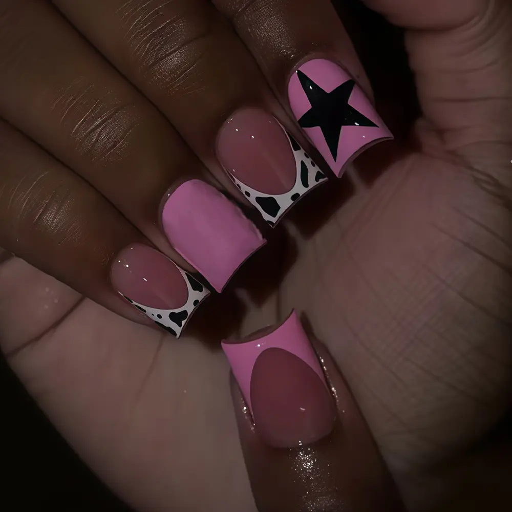 Pink Cow Print French Tip Nails – Cute Black Star Press On Set Nail Art Designs