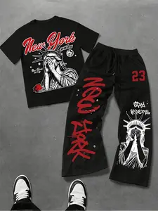 Vintage Splash Ink Red NY Cursive Liberty Sculpture Two Piece Co Ord Tracksuit, Stretch Airy Comfort Smooth Skin Touch Matching Outfit, Trendy Los Angeles City Hip Hop Aesthetic For Street Skate Trip Downtown Daily Wear