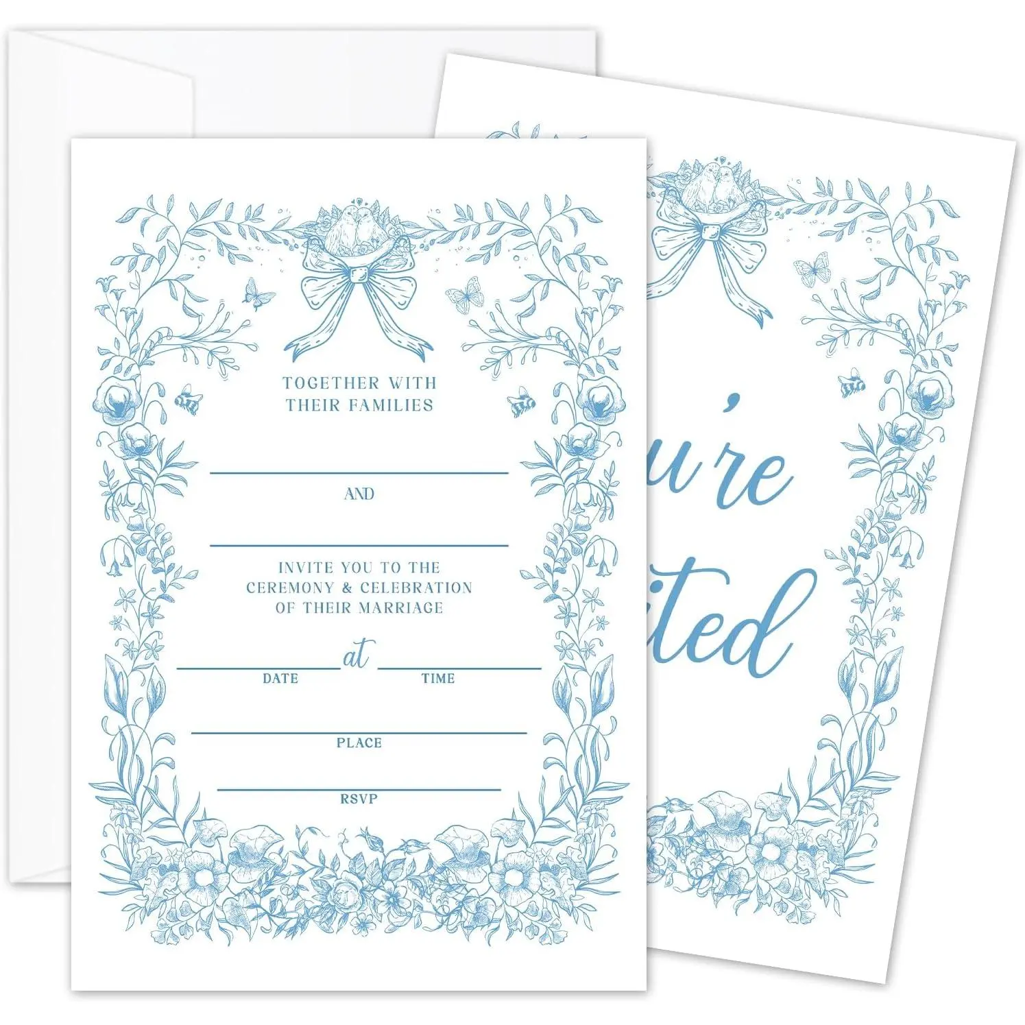 Blue Floral Wedding Invites, 25 Wedding Invitation with Envelopes, Marriage Invitations for Newlyweds Mr And Mrs, Engagement Bridal Shower Party Supplies -15