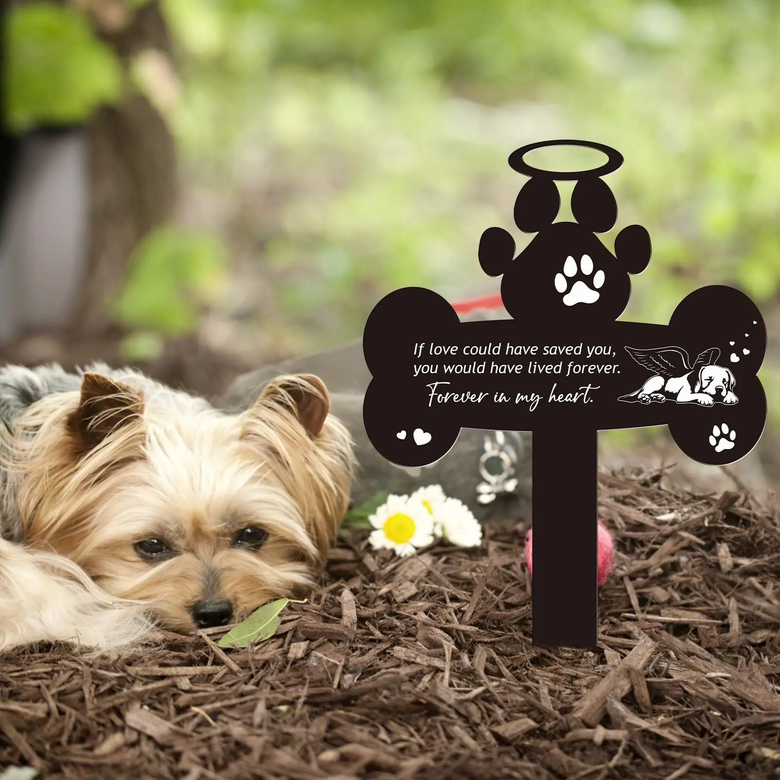 Dog Bone Shape Pet Memorial Wooden Garden Stake, Angel Dog Forever In My Heart Wood Grave Marker, Loss of Dog Sympathy Lawn Cemetery Decor Pet Remembrance Keepsake Gift