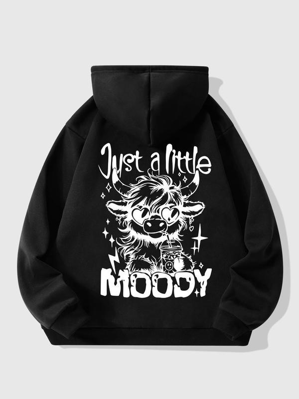 Women's Cartoon Highland Cow Print Hoodie, Casual Thermal Lined Long Sleeve Hooded Sweatshirt for Fall & Winter, Women's Clothes for Daily Wear