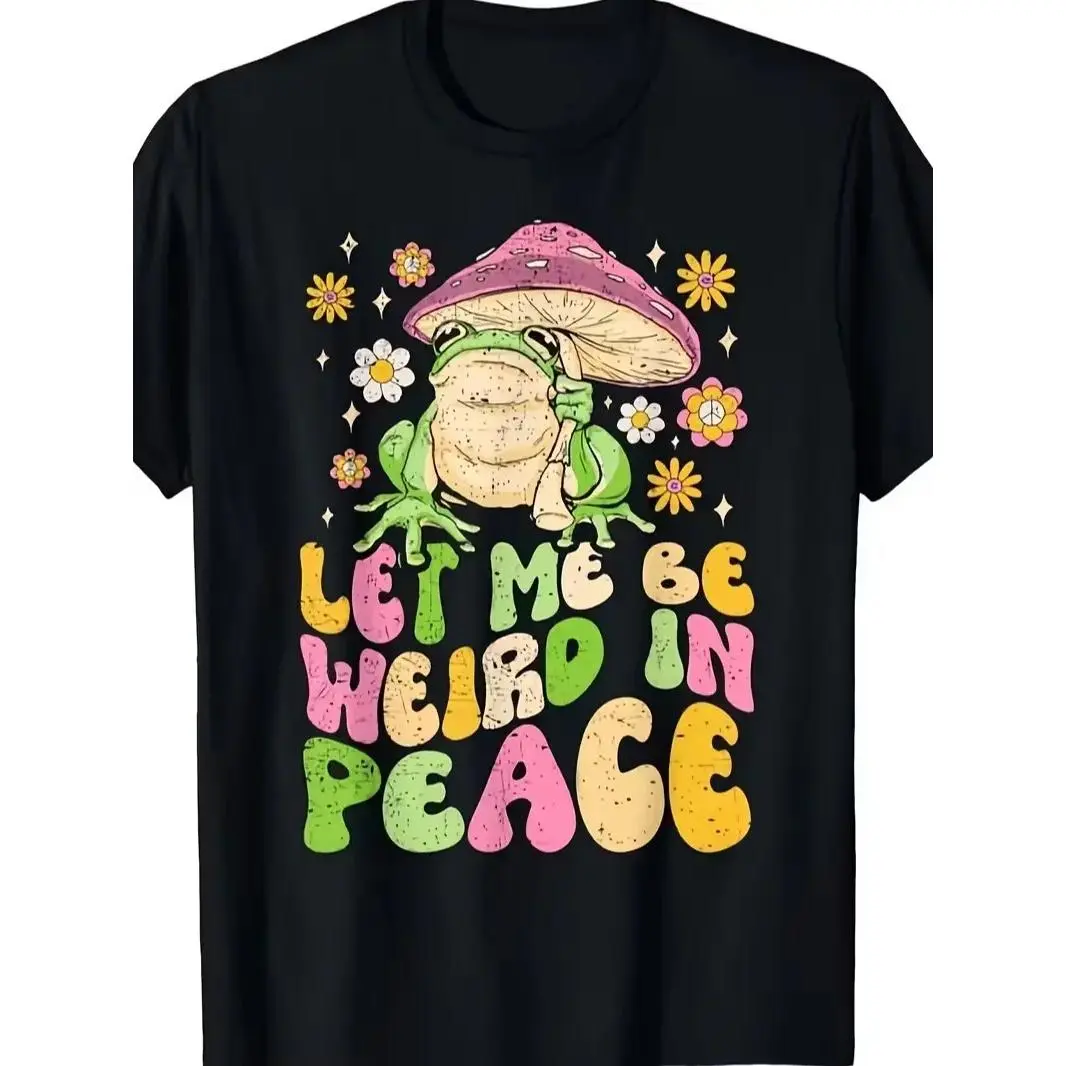 Goblincore Frog Graphic T-Shirt, Unisex Casual Short Sleeve Round Neck with Retro 'Let Me Be Weird In Peace' Print, Plus Size, Shortsleeve, Streetwear, Top, Tshirt, Women