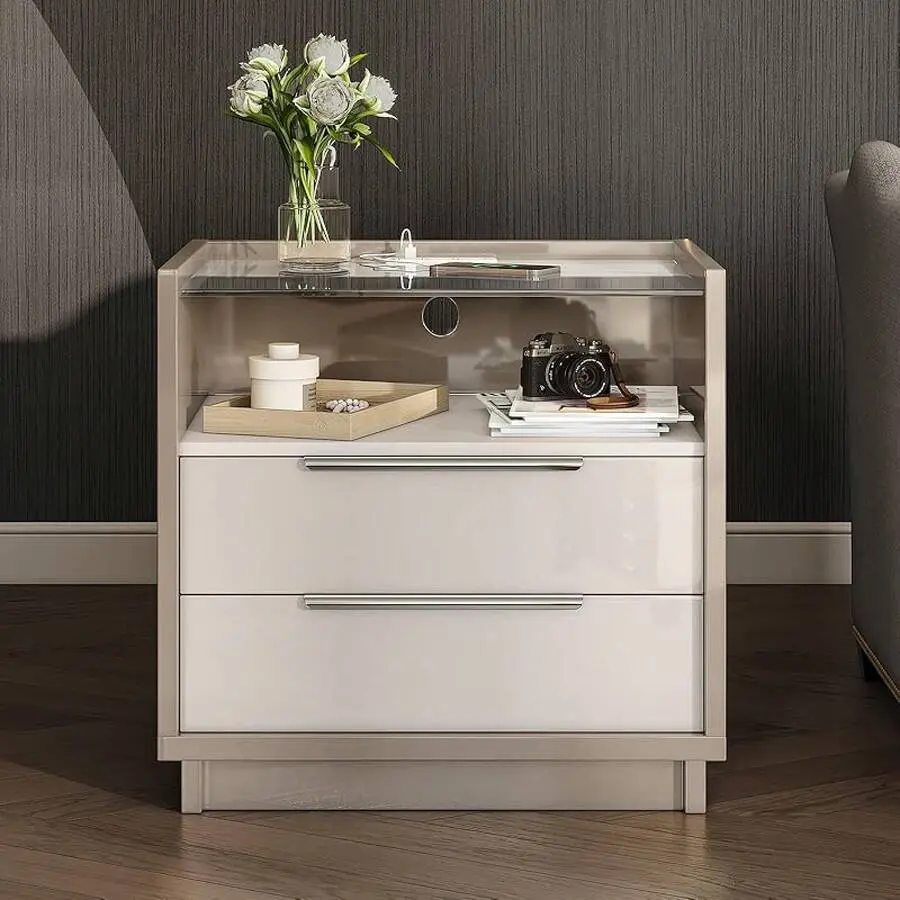 Luxury High Gloss End Table, Contemporary Bedroom Furniture With Glass Top Design, Built In Charging Station And Elegant Storage Solution, White, White & Gray,wine,cabinet,,modern,tv,stand,living,wooden,console,curve,profile,door,,Large,LED