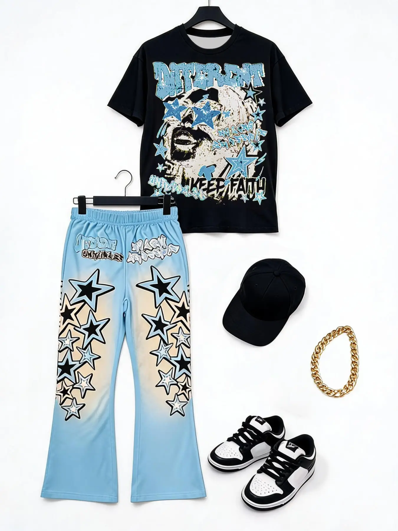 Teen Boy Casual Classic Cool Character Print T-Shirt, Star Pattern Bell Bottoms Set, Summer Wear, Loose-Fit, Short Sleeve, Drop Waist