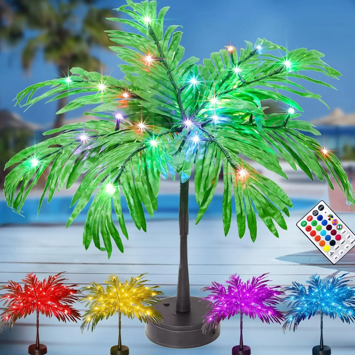 28 Colors Changing Light Up Palm Tree Table Decor, 23In Tropical Artificial Palm Tree Lights Battery USB Powered, LED Mini Palm Tree Table Centerpiece for Luau Summer Hawaiian Party HomeGift.