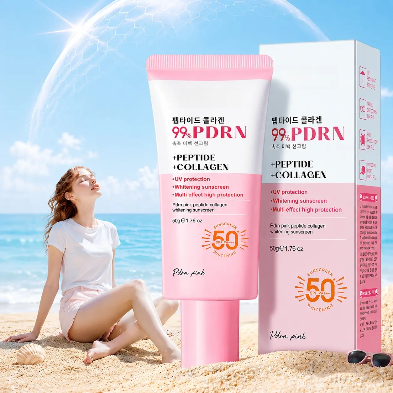 Salmon Pink Peptide Collagen Sunscreen: Summer UV protection and sunscreen, breathable and non-sticky, gentle and moisturizing, long-lasting sun protection, suitable for all skin types.