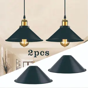 2 Pack Industrial Metal Lamp Shade, 8.66 & 10.23 Inch Cone Shade, Black Vintage Replacement Cover for Pendant Light, Ceiling Chandelier & Wall Lamp