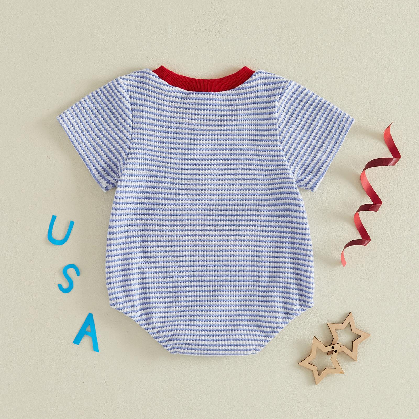 Babamoon Kids Toddler Baby Boys 4th of July Outfits Sets Waffle Short Sleeve Letter USA Embroidery Romper/Tops T shirt Striped Shorts Independence Day Clothes Set