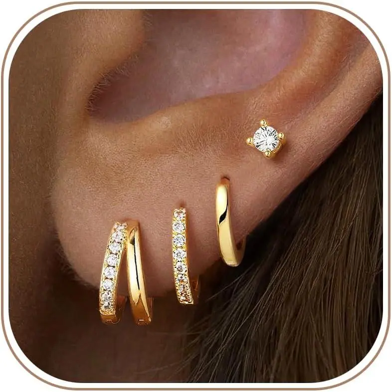 4 Pairs  Hoop Earrings for Women,  | 14K  Plated Small  Hoop Earrings, Dainty Earrings Stack for Multiple Piercings,