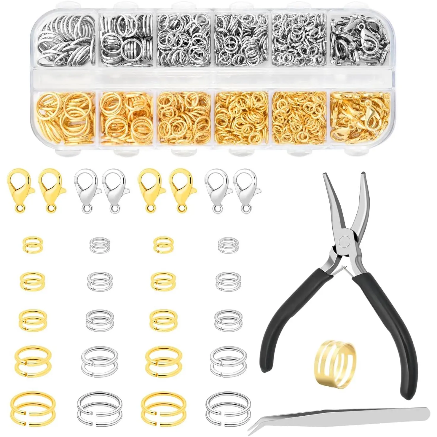 1200 count Jump Rings for  Making Supplies, Necklace Repair Kit with Pliers and Jump Ring Opener, 12mm Lobster Clasp 5 Size Jump Ring for  Clasps and Closures ( and )