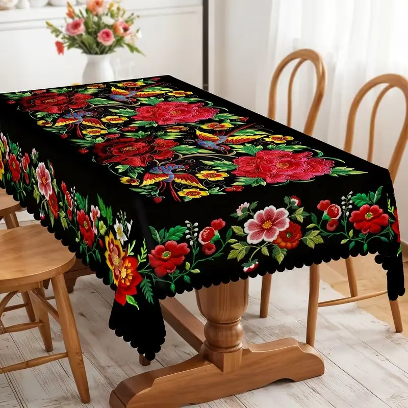 2D Flat Party Tablecloth, Rectangular Mexican Style Floral Tablecloth, Polyester, Perfect for Kitchen, Parties, Holidays, All Seasons