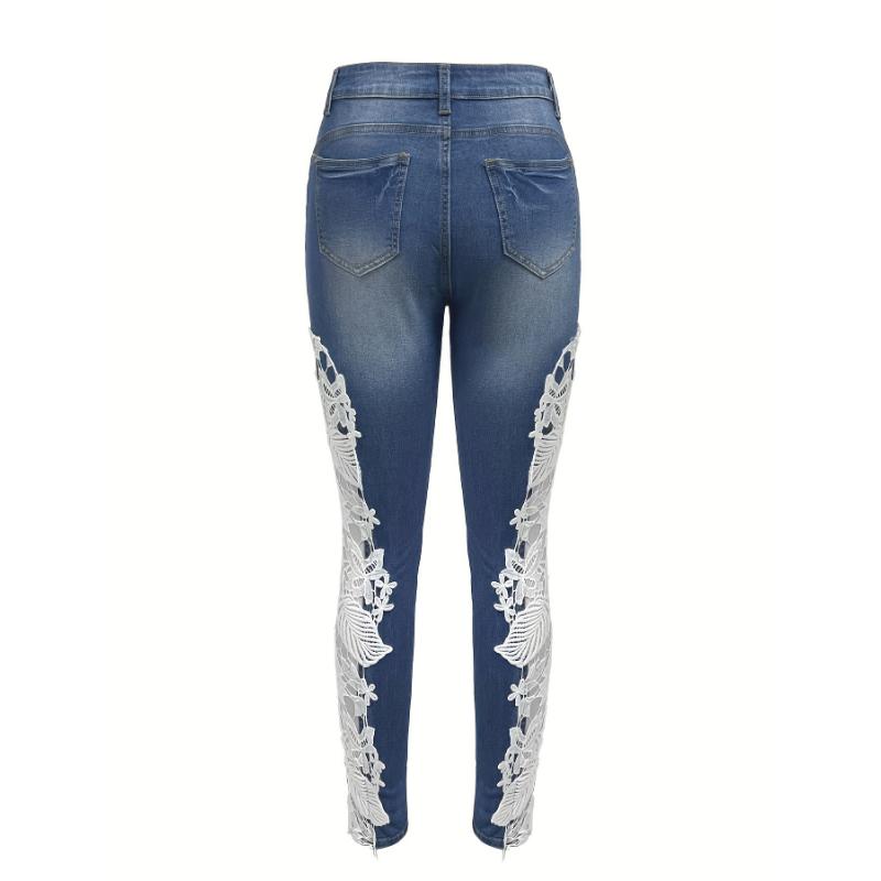 Elegant Skinny Fit Hollow Out Lace Contrast Denim Jeans, Women's Denim Pants & Clothing