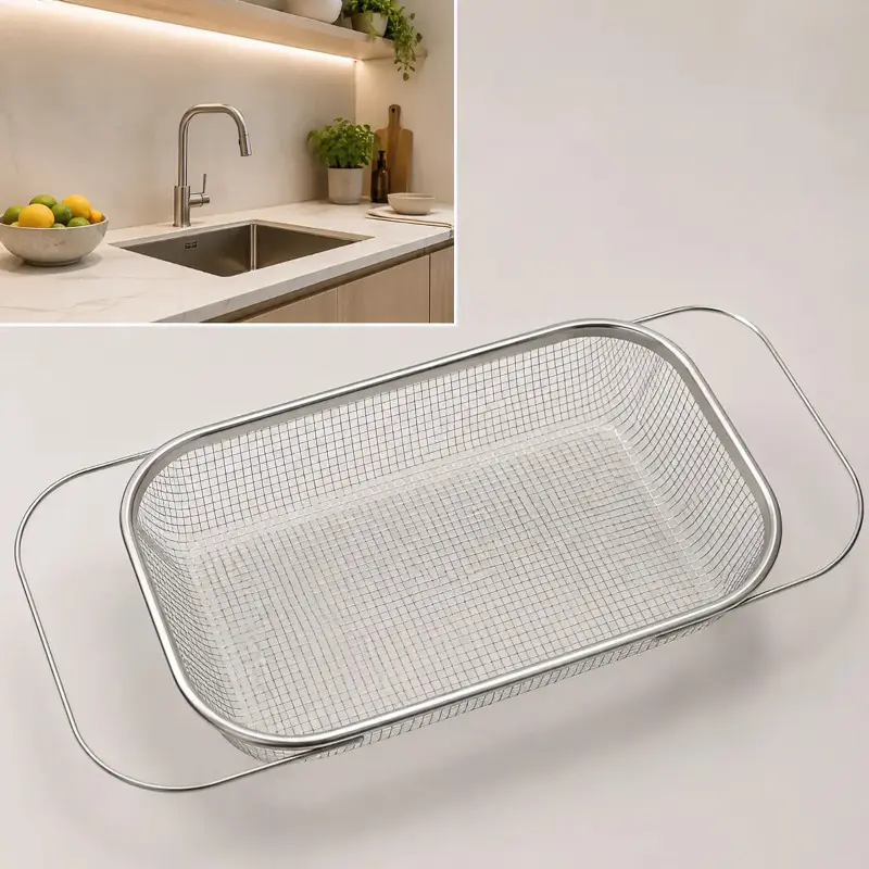 Retractable Stainless Steel Over The Sink Colander, Expandable Large Capacity Drain Basket with Quick Drainage, Reusable Food Vegetable Fruit Strainer for Home Kitchen