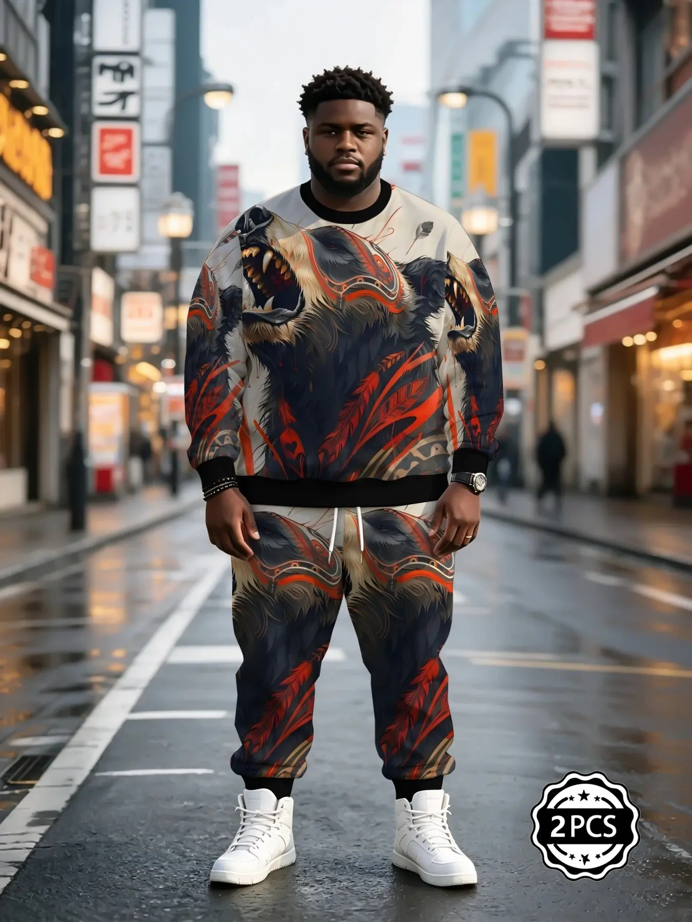Men's Plus Size Ethnic Style Wolf Print Sweatshirt Set, Casual Long Sleeve Top and Drawstring Pants, Comfortable Sportswear for All Seasons