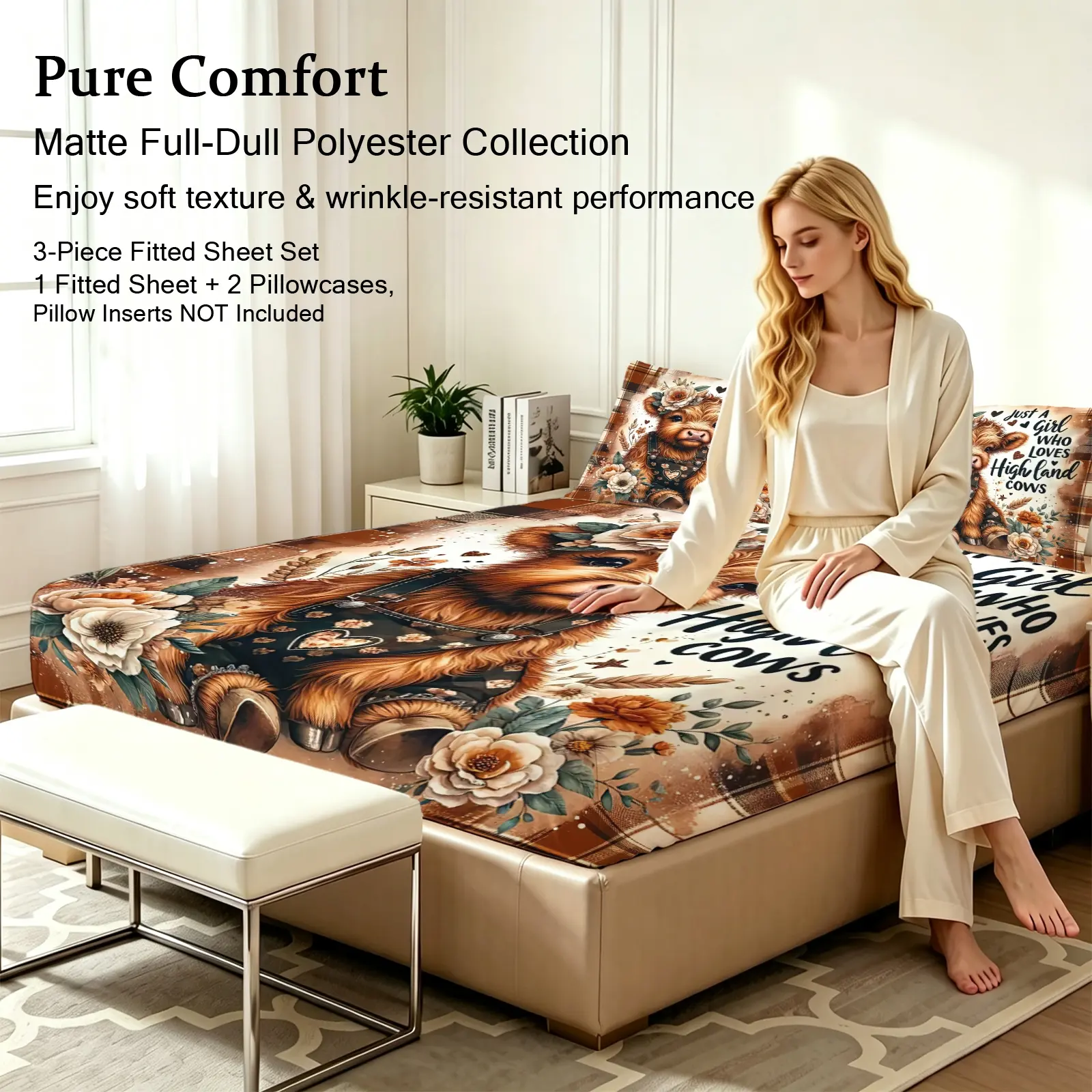 3pcs Fitted sheet Highland Cow Floral Print Soft Wrinkle Resistant Polyester Bedding Set, Breathable Comfortable Bed Sheet Set with 2 Pillowcases for Bedroom Home Full Queen King Size, Floral Bed Sheets