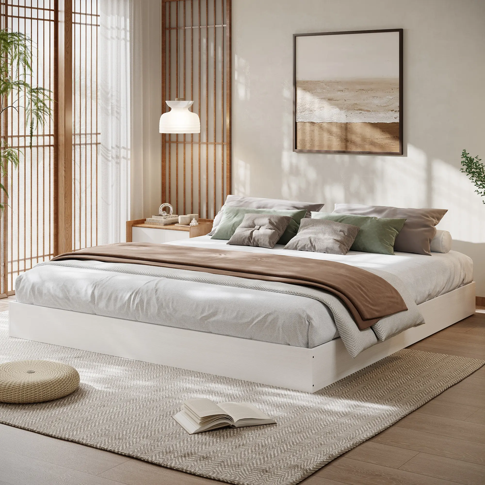 King Size Bed Frame, Wood Platform Bed Without Headboard, Floor-Standing Bed Frame, Wooden Slats Support, No Box Spring Required, White
