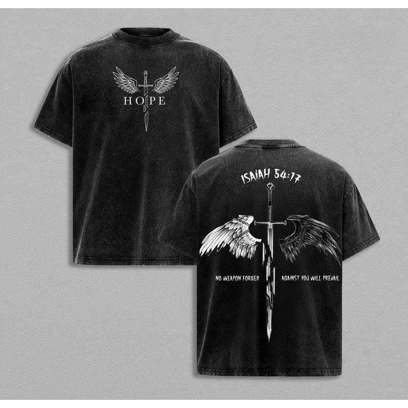 Isaiah 54:17 Bible Verse T-Shirt – "No Weapon Formed" Christian Graphic Tee, Washed Vintage Style, Sword and Angel Wings Faith Streetwear, Unisex Casual Crewneck Short Sleeve Shirt, Inspirational Jesus Apparel for Church, Gym, Everyday Wear