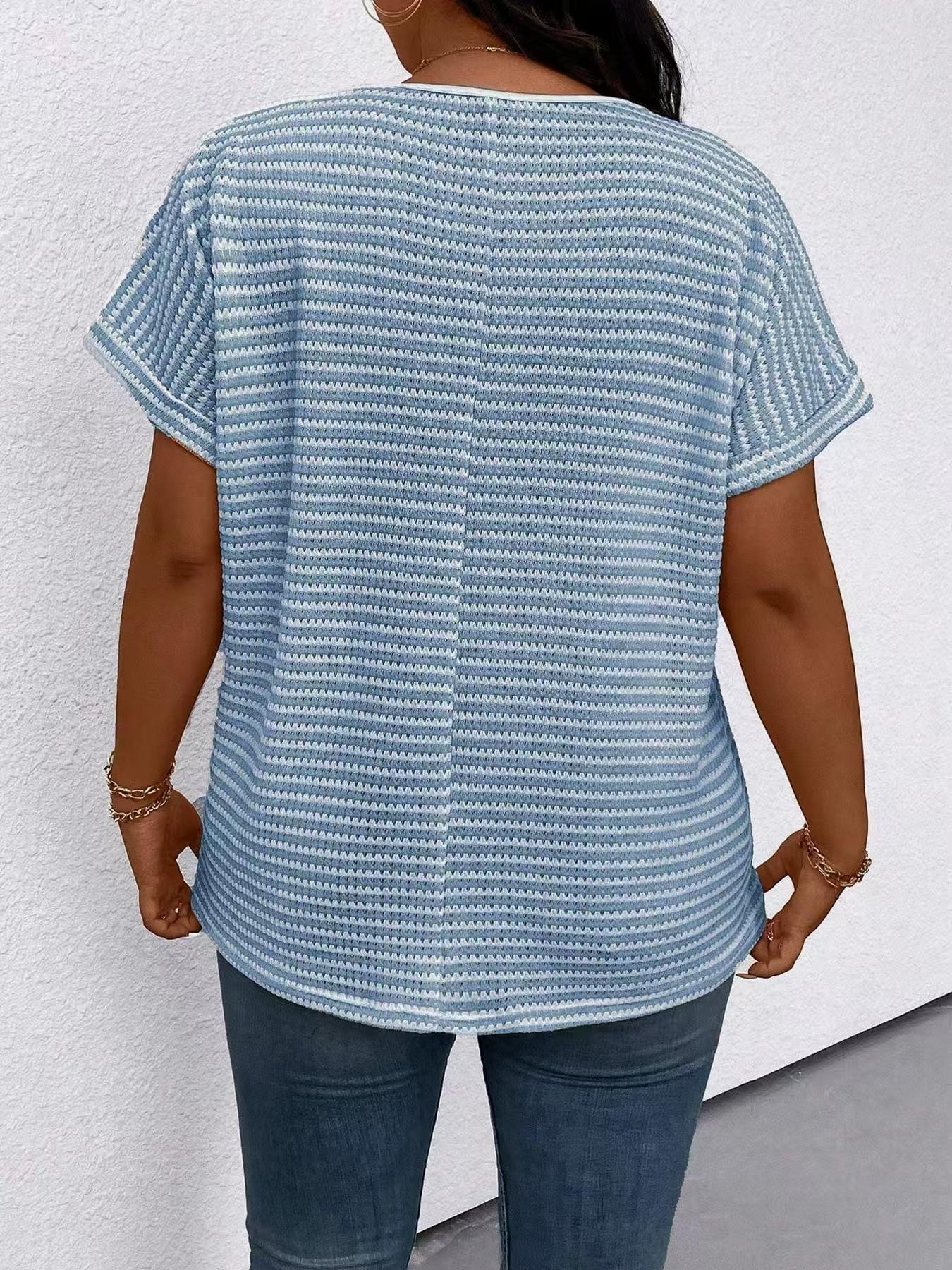 【Plus Size】 Striped Print V Neck Fitted Tee, Casual Short Sleeve T-shirt Top for Daily Wear, Women Clothing for All Seasons
