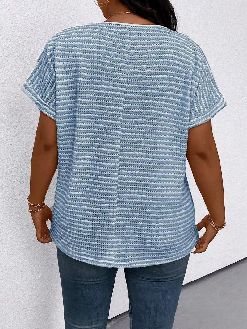 【Plus Size】 Striped Print V Neck Tee, Casual Short Sleeve T-shirt for Daily Wear, Women Clothing for All Seasons