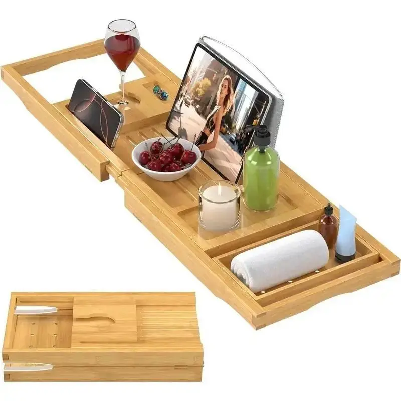 Natural Bamboo Bathtub Tray Caddy, Foldable & Expandable Bath Tub Table Tray, Adjustable Bathroom Organizer Accessory, Ideal Gift for New Home, Mothers Day, Birthday & Couples