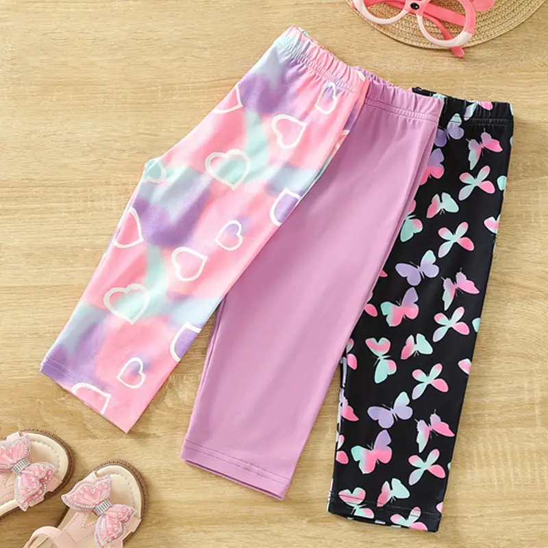 Girls' 3-Pack Solid Color Capri Leggings, Summer Thin Slim Fit Elastic Tights for Kids, Quick-Dry Clothes Set