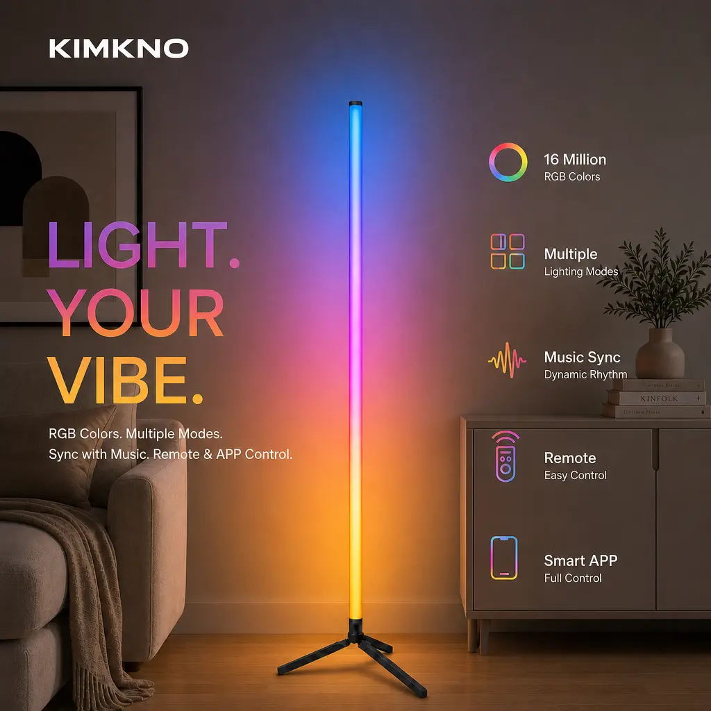KIMKNO RGB LED Light Bar, USB-Powered Corner Floor Lamp with Remote Control, 16M Color Music Sync Ambient Mood Light, Modern Aesthetic Home Decor, Trendy Gift for Teens Gamers rhythm romantic night room gaming bedroom up