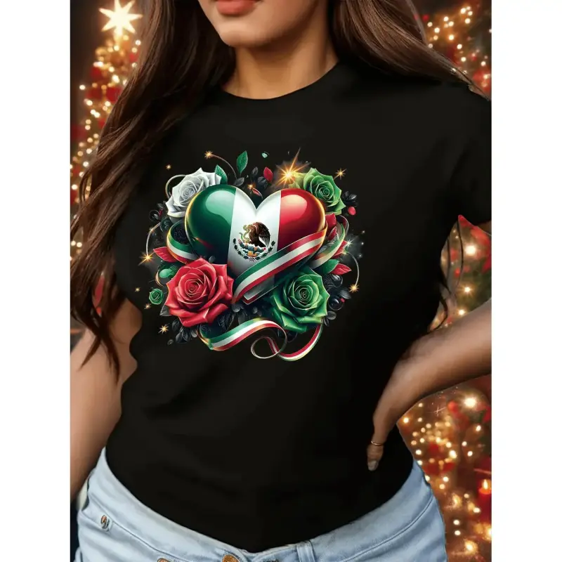 Women'S Green Floral Mexican Rose Heart Patriotic Mexican Flag Travel Latin Gift Creative Print Casual Short Sleeve Round Neck T-Shirt,unisex,graphic