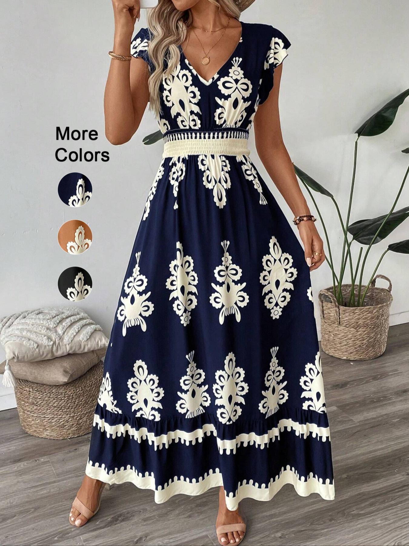 Women's V Neck Ruffle Hem A-Line Dress, Elegant All over Print, Elastic Waist, Moderate Woven Fabric, Casual Vacation Wear