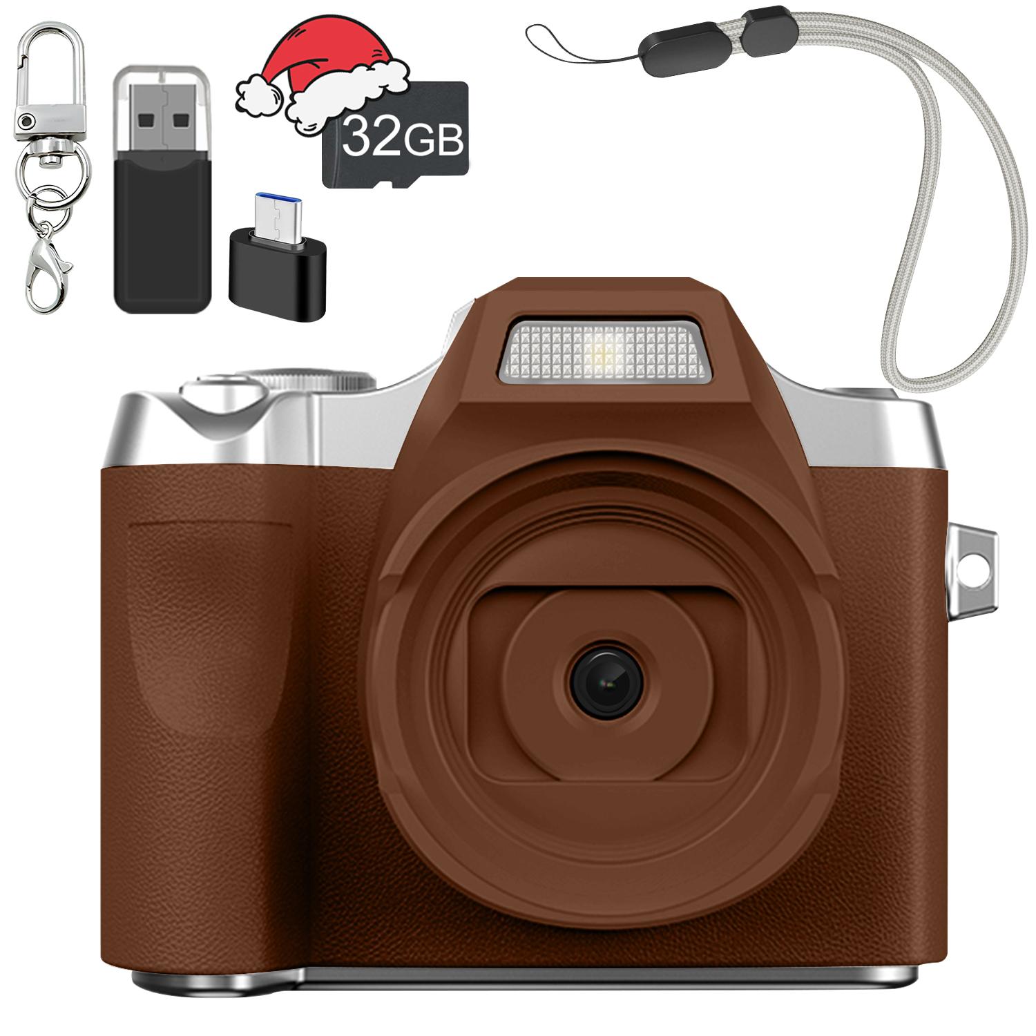 Mini digital camera with high-definition screen，rechargeable retro appearance，equipped with 32GB memory card，suitable for outdoor travel，high-definition video recording，making memories more exciting