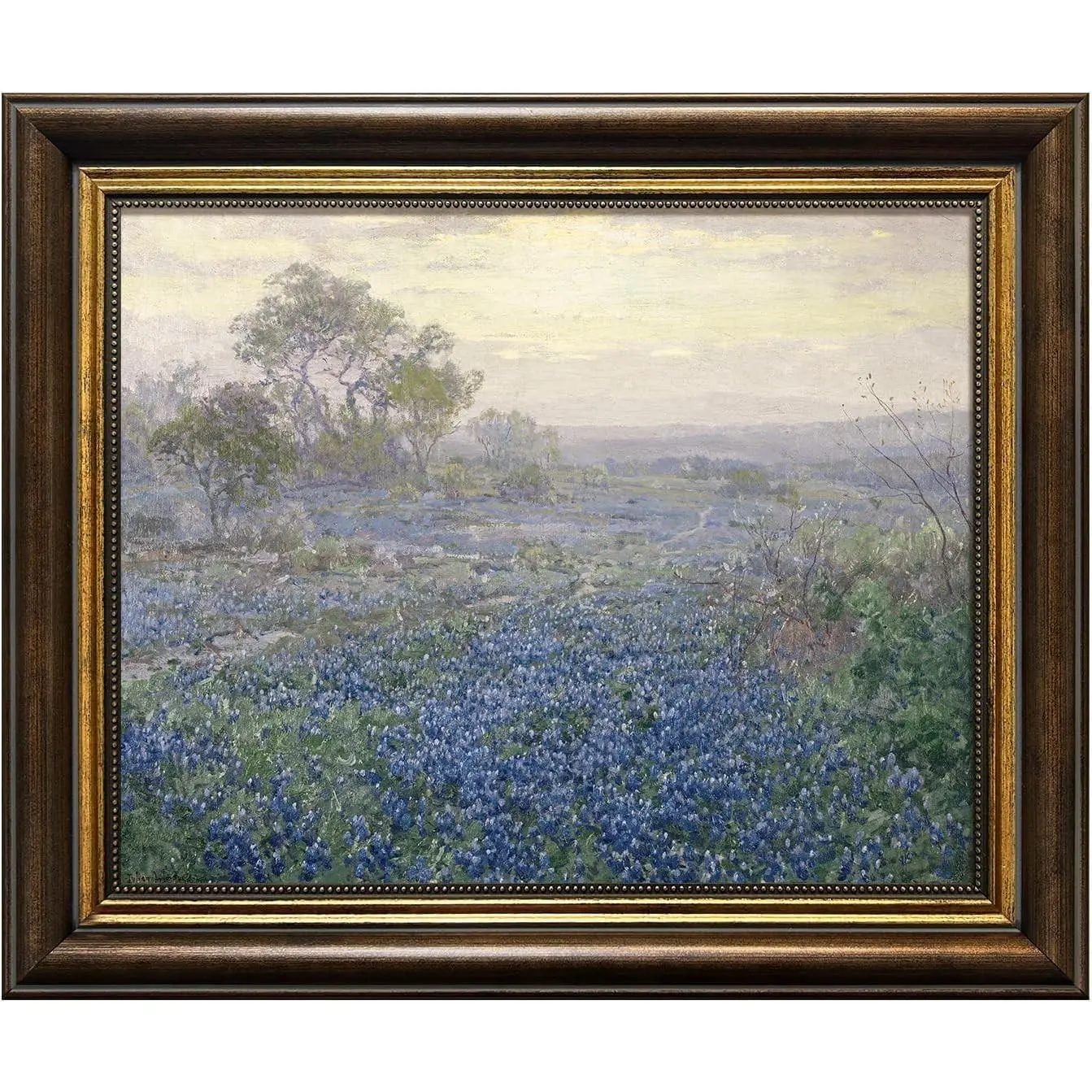 Vintage Gold Framed Bluebonnets Wildflower Wall Art Canvas - Antique Minimalist Wood-Plastic Artwork, Rustic Landscape Oil Print, 12"x10" for Living Room Bedroom Decor Gift, Water Proof