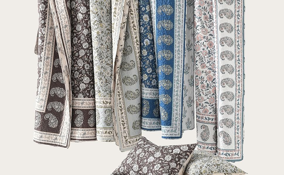 Floral Set Queen Size, Farmhouse Cottage Bedding Set, Blue Vintage Paisley Coverlets, Soft Microfiber Lightweight Reversible Bedspreads for All Season, 3 Pieces