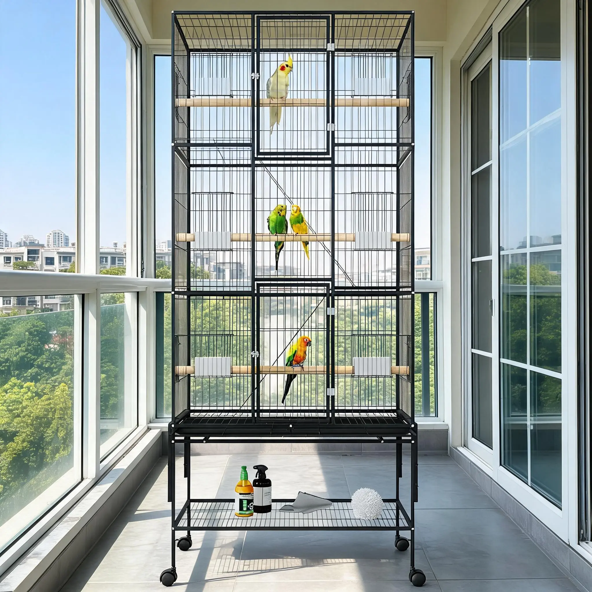 69in Extra Large Wrought Iron Bird Cage with Storage Shelf, Rolling Wheels, 3 Levels & Removable Cleaning Tray for Birds