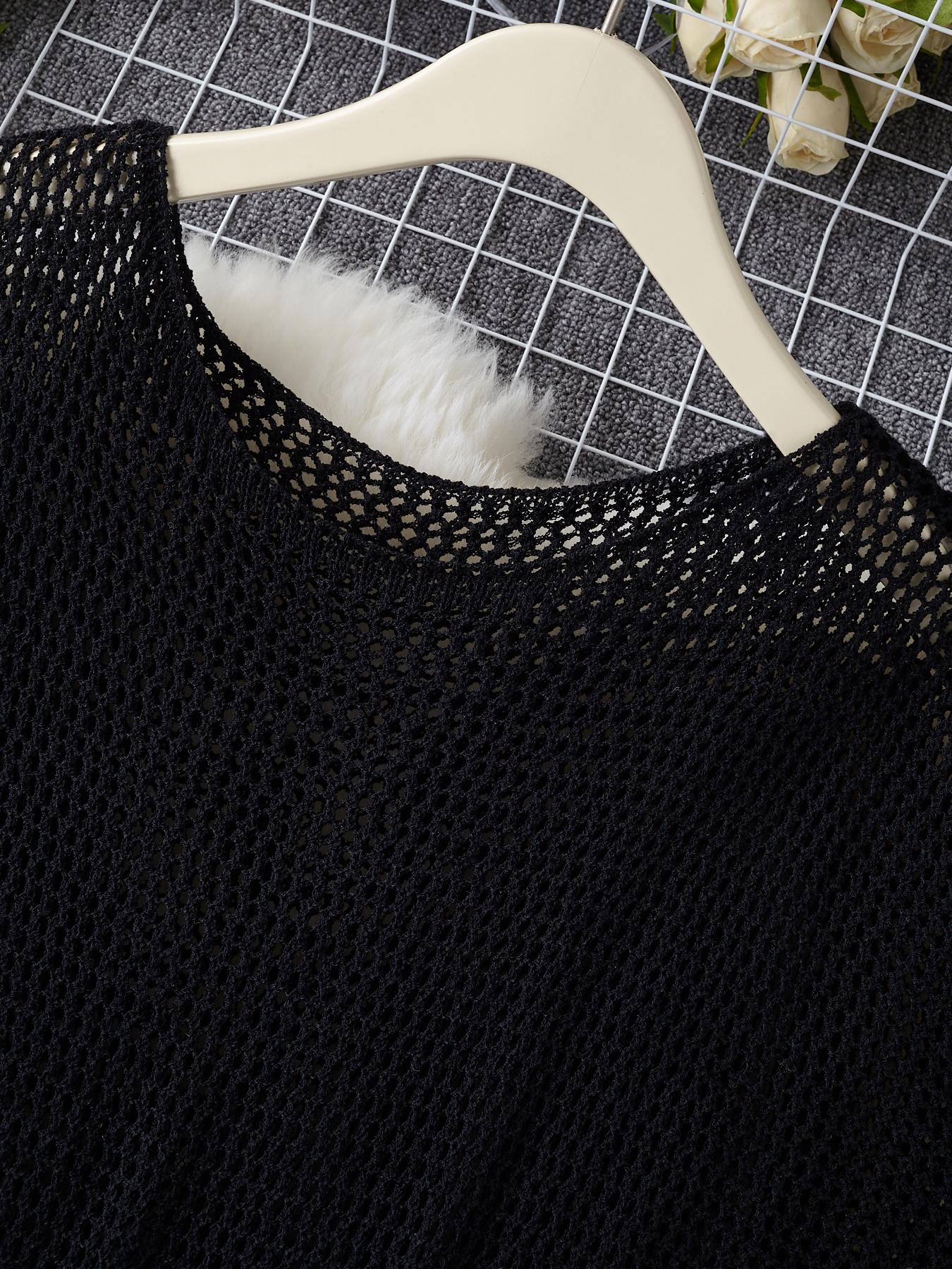 Women's Solid Color Hollow Out Knit Sweater Dresses, Casual Fashion Round Neck Drawstring Dresses, Ladies Summer Clothes for Daily Wear, Womenswear