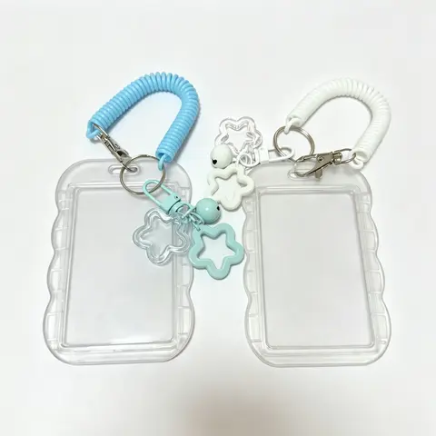 2-Pack Cute Photo Card Holder Keychain, Kpop Photo Card Case, Transparent PC Material with Star Wave Design, Bus Pass, Student ID, ID Holders for Badges, Creative Photo Protection