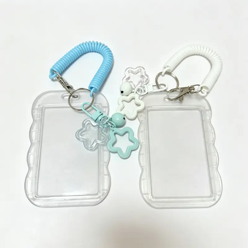 2-Pack Cute Photo Card Holder Keychain, Kpop Photo Card Case, Transparent PC Material with Star Wave Design, Bus Pass, Student ID, ID Holders for Badges, Creative Photo Protection