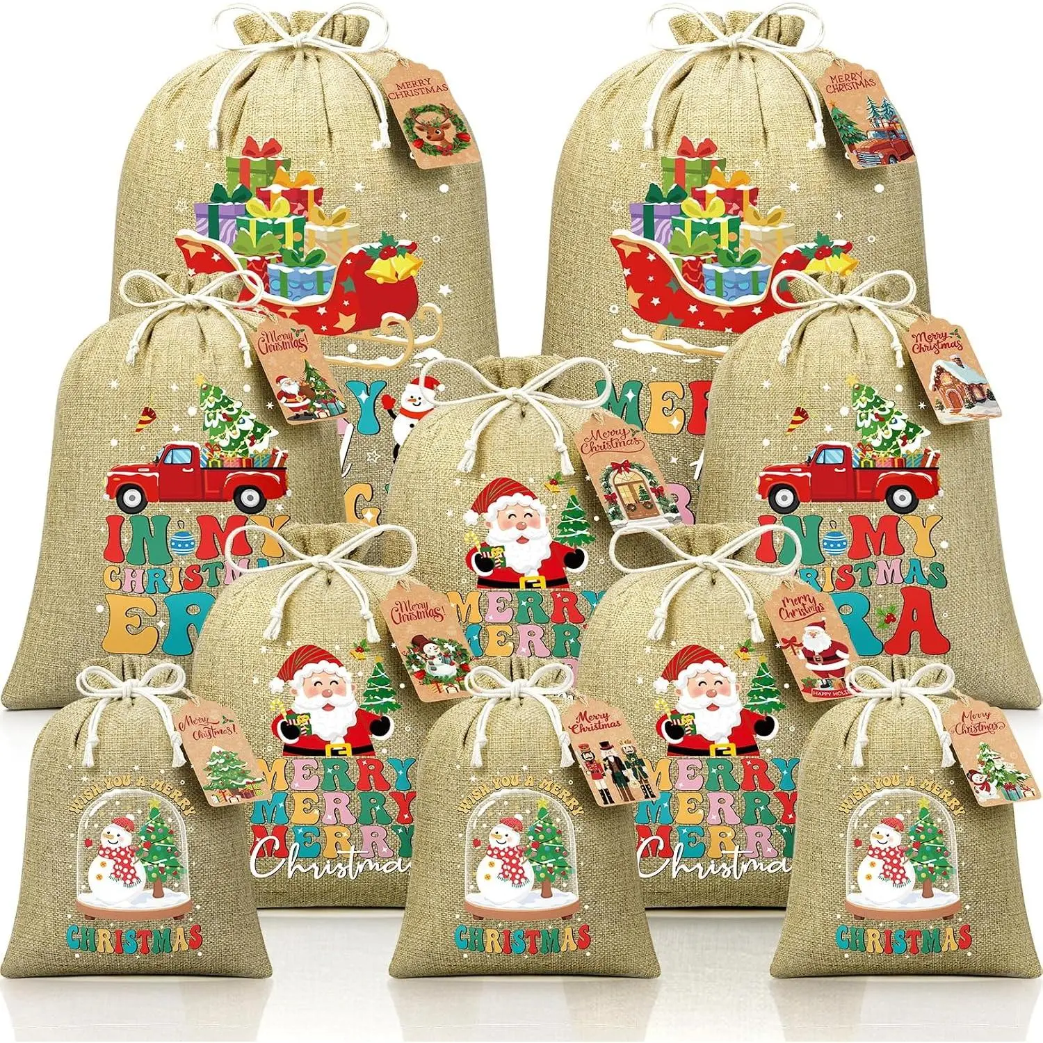 10 count Christmas Burlap Drawstring  Bags  Sizes Bulk with Tags | Large Medium Small Holiday  Wrapping Bags,  Linen Christmas  Bags for Xmas Presents Party Favors Burlap Sacks