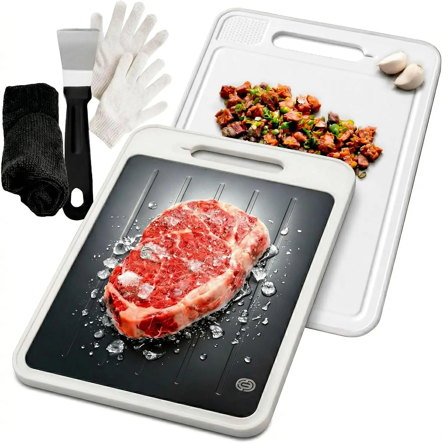 4-in-1 Defrosting Tray for Frozen Meat with  Board, Garlic Grater &  Refiner - Rapid Thaw Meat Defroster Plate with Safety Gloves, Spatula & Cloth - Non-Slip Thawing Tray, White/Black