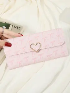 Fashionable women's long wallet, simple metal heart decoration zipper and button multifunctional wallet, ultra-thin long wallet, wallet that can hold small phones, suitable for outdoor and travel