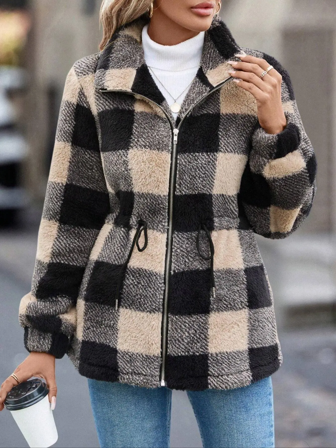 Women's Plaid Long Sleeve Top, Drawstring Design, Loose-Fitting Casual Style, Fall & Winter Fashion, Zipper Closure, Pockets Included, Coat
