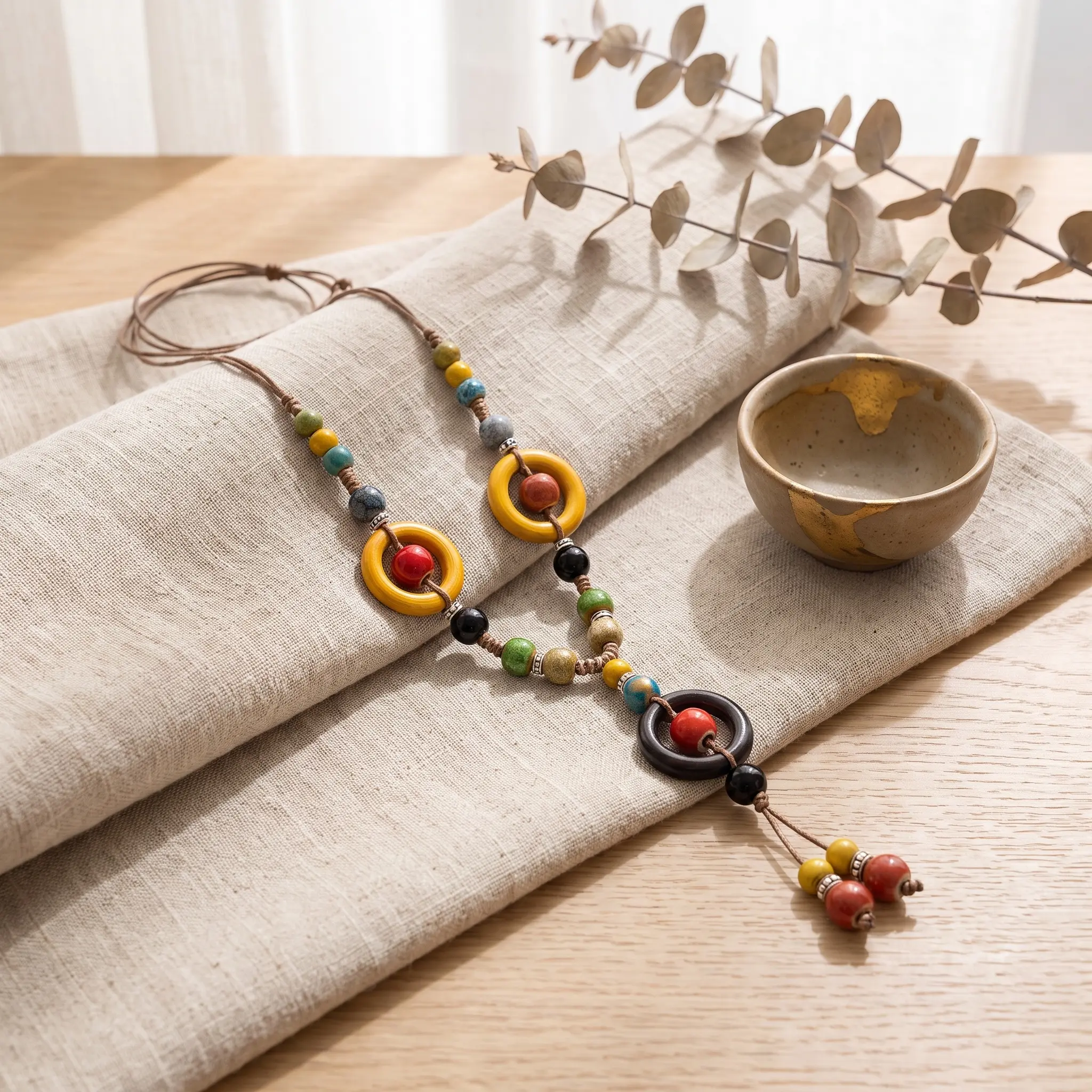 Ceramic Necklace For Women Zen Style Long Chain Vintage Collarbone Jewelry Minimalist Sphere Pendant Geometric Electroplated Resin Trendy Sweater Chain