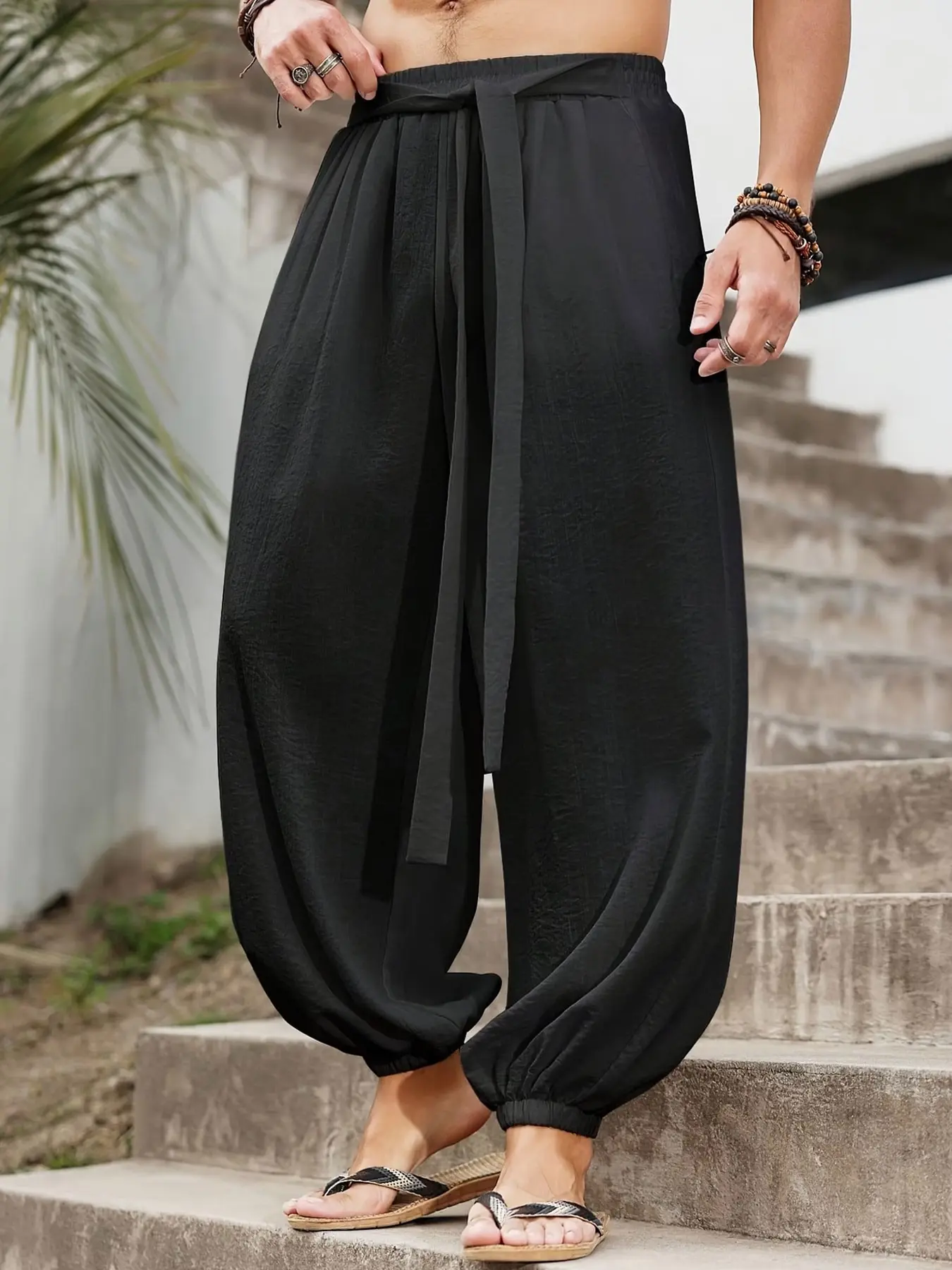 Men's Thin Tie-Back Lantern Pants, Breathable Pleated Loose Harlan Pants, Beach Vacation Sand Outdoor Travel Versatile Casual Men's Pants
